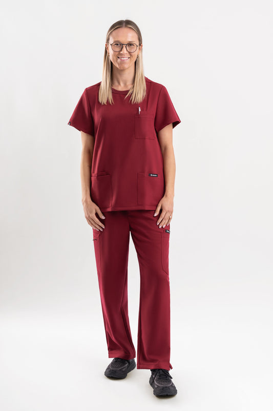 Halo – Women’s Crew Neck Scrub Top-Maroon